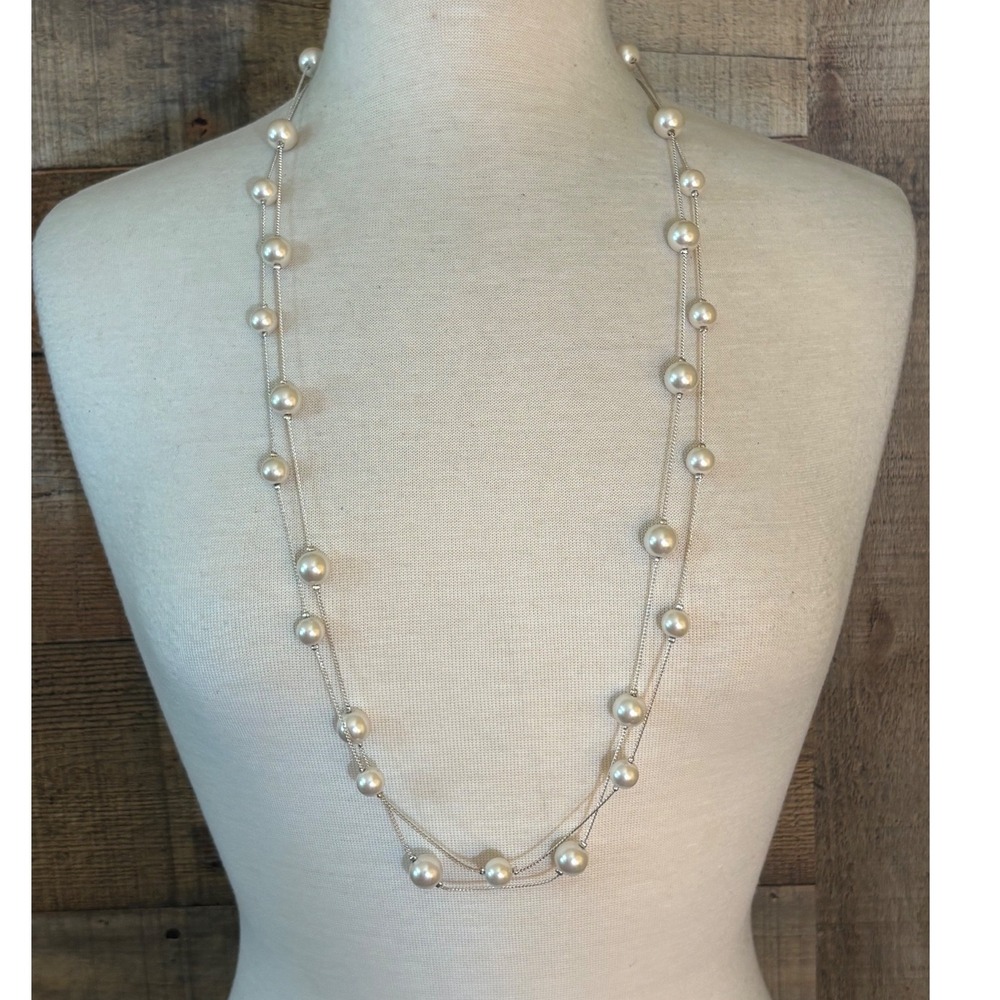 KMN Silver Tone Double Strand Faux Pearl Station Necklace Long 34 Inch
